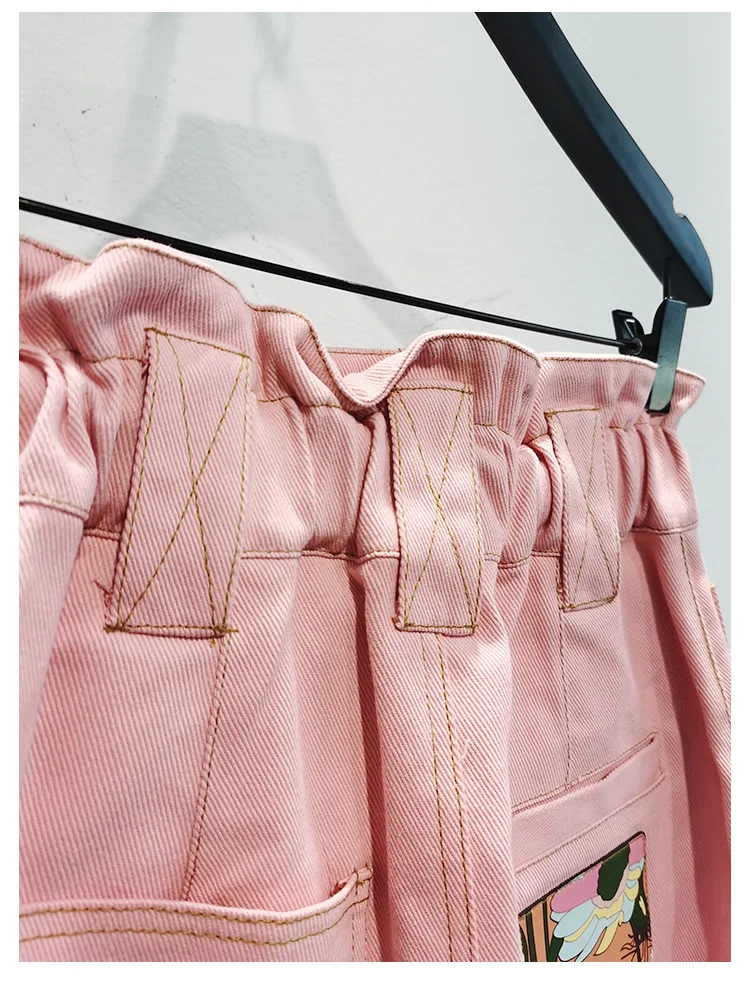 

High Quality Spring and Summer New Pink Elastic Waist Denim Skirt Patch Short Skirt Ladies A-line Skirt Trend