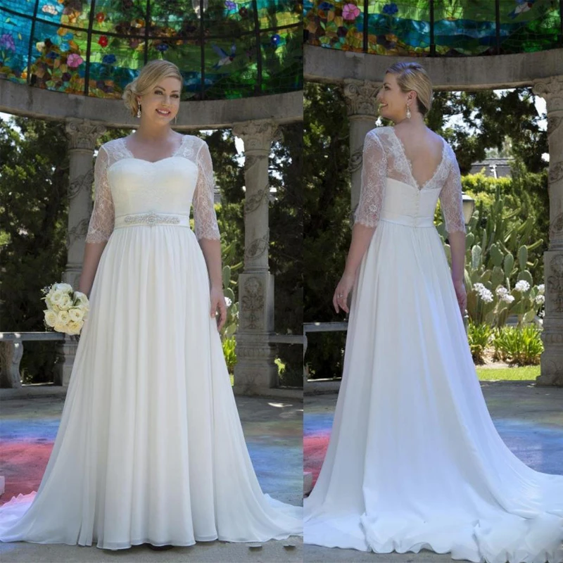 

White/Ivory Half Sleeves Wedding Dresses Chiffon A Line Dress Floor Length Bridal Gowns Beaded Sash Plus Size robe de mariée
