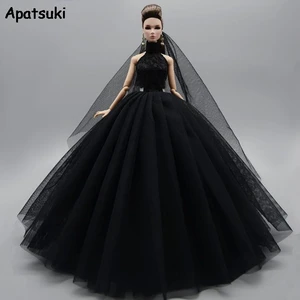 Black High Neck Fashion Wedding Dress For Barbie Doll Outfits Princess Evening Party Gown Long Dress