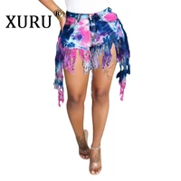 xuru european and american sexy fringed jeans ripped sanded hair tie dye printed denim shorts womens casual straight leg pants