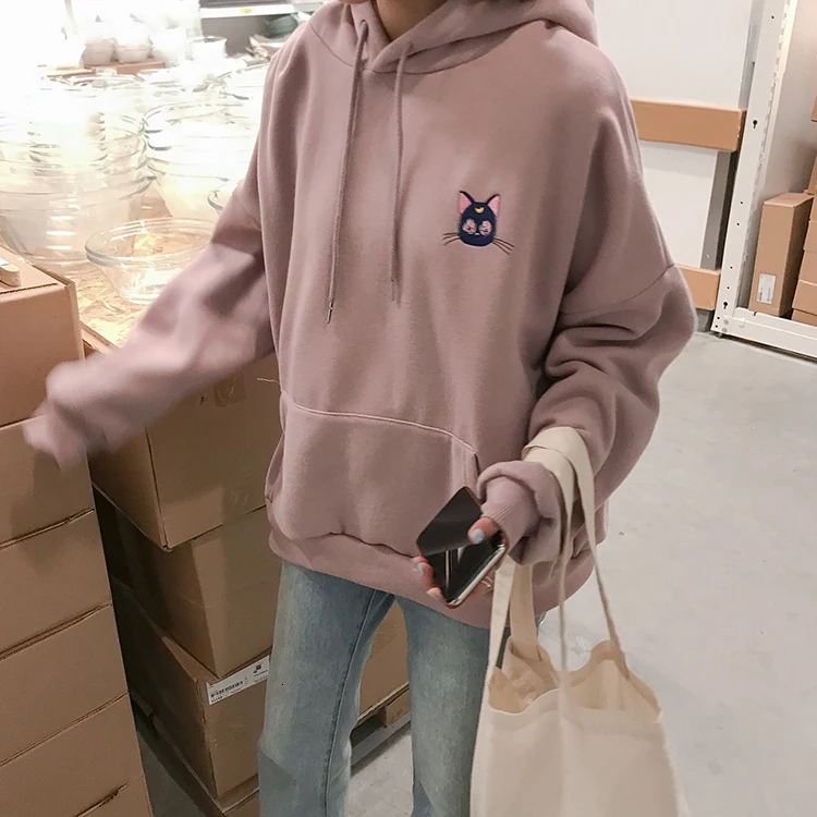 Вышитые Луна кошка розовые толстовки для женщин Kawaii корейский стиль свободная толстовка с капюшоном пуловеры