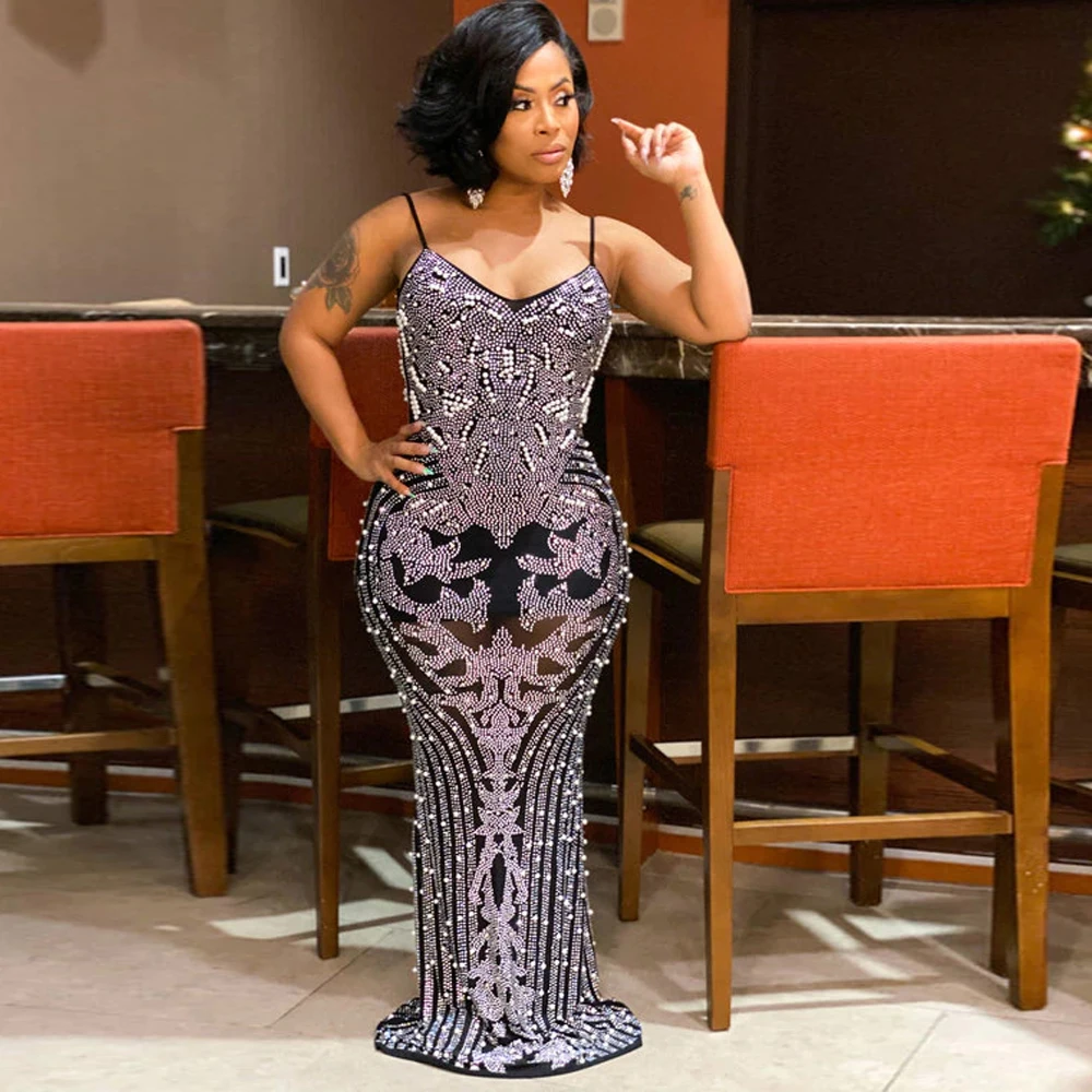 Прозрачные сетчатые бисер Стразы Длинные вечерние платья женские туфли черного