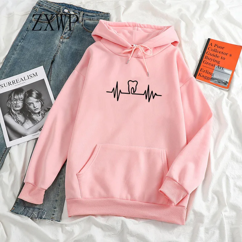 

Sweatshirt Cute Teeth Heartbeat Overisze Harajuku Hoodie Women Full Sleeve Pullovers Clothes Plus Size Print Kawaii Women Hoody