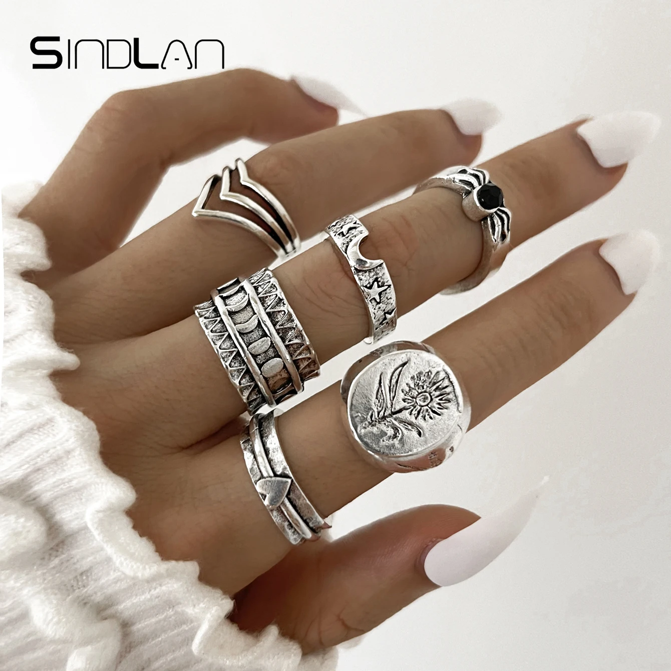 

Sindlan 6Pcs Vintage Flower Silver Color Rings for Women Punk Portrait Stranger Things Couple EMO 2021 Fashion Jewelry Anillos