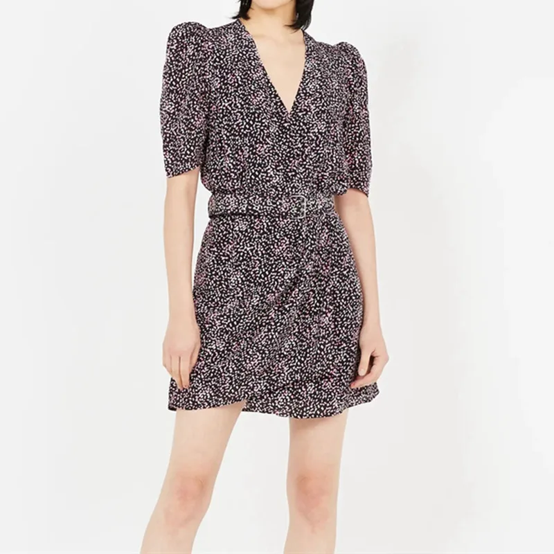 

Мини-платье женское с пышными рукавами, V-образным вырезом и поясом, весна-лето 2021