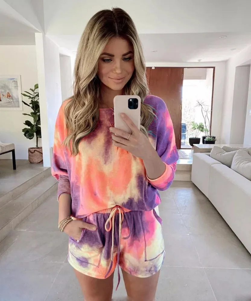 

Batik Pajamas Set Women Long Sleeves Shorts Casual Sleepwear New Fashion Tie-dyed Living Room Clothes Soft Homewear ouc1136