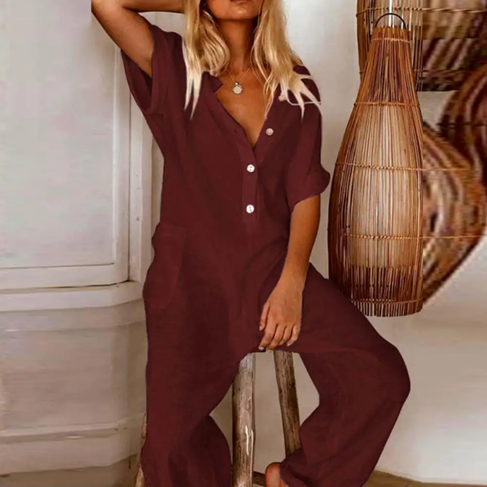 

Женский комбинезон однотонный Цвет V образным вырезом с коротким рукавом, с пуговицами на карманах, Свободные Комбинезоны Комбинезон Уличн...