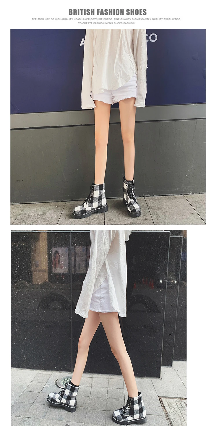 Winter Luxury Designer Patchwork Plaid Boots British Style Women Thick Heels Martin Boots Chic Plus Velvet Ladies Lace Up Shoes