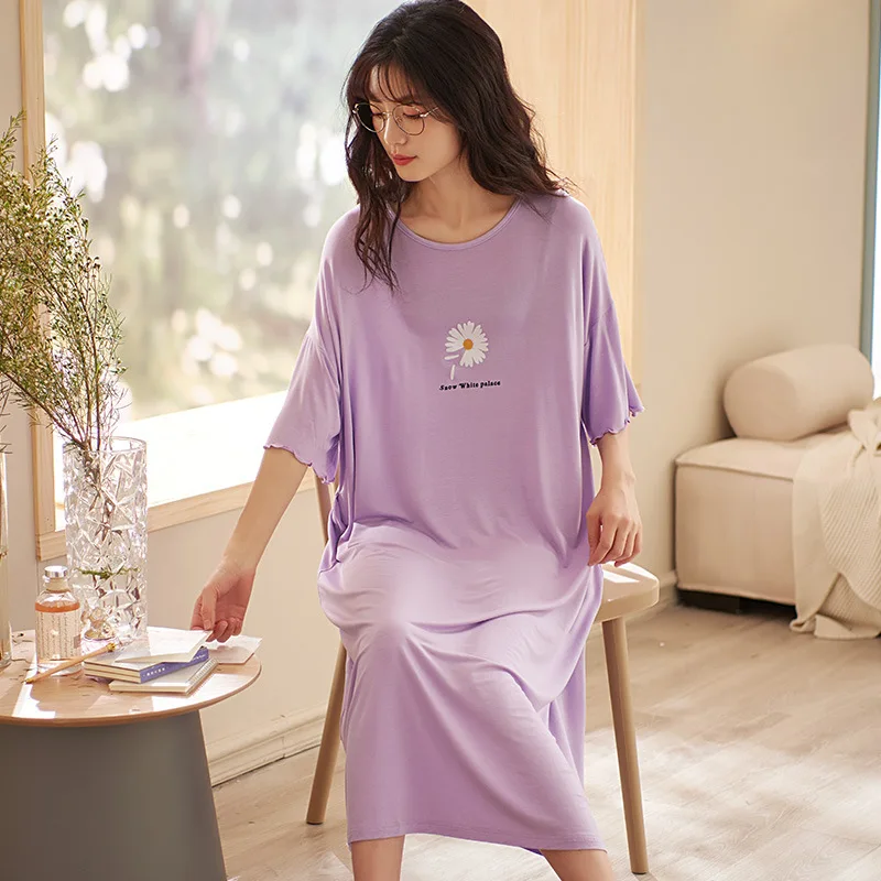 

Ladies Casual O-Neck Long Nightgown Summer New Modal Homewear M-3XL Loose Sleepwear Letter Pyjama Spring Autumn Soft Night Dress