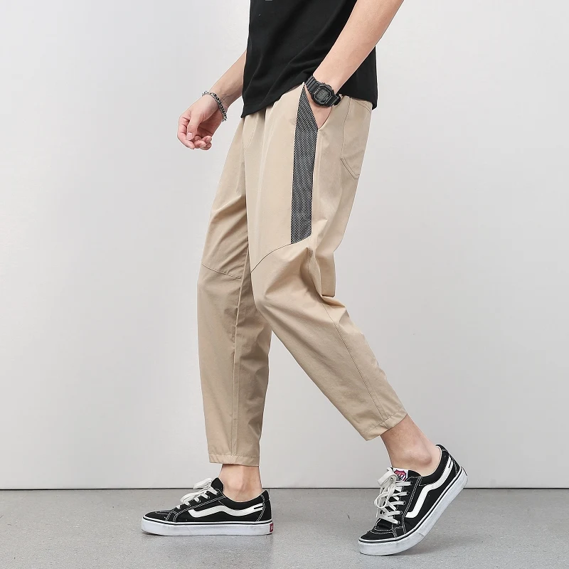Korean Summer Men'S Thin Splicing 9-Point Pants Ice Silk Ventilation Trend Straight Tube Loose Elastic Legged Casual Trousers