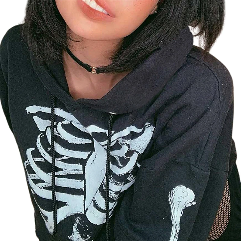 

Hirigin 2021 Women\u2019s Y2k Gothic Skeleton Print Cropped Hoodies Casual Long Sleeve Relaxed Fit Sweatshirts Streetwear