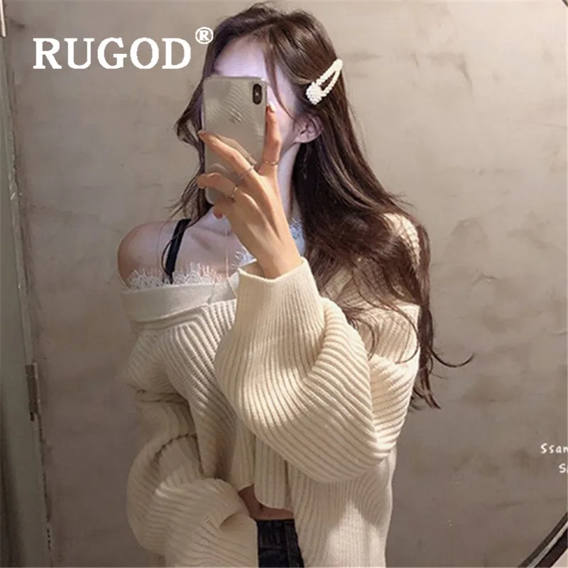 RUGOD 2019 Korean Style V-neck Sweater Women Solid Long Sleeve Loose Knitted Sweaters Pullovers Casual Lady Pull Femme Hiver | Женская