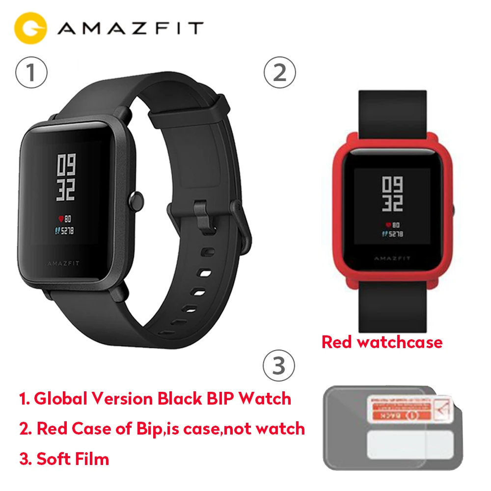 Black add Red Case Официальные Смарт-часы Amazfit Bip, gps, умные часы, 45 дней в режиме ожидания, монитор сердечного ритма, будильник, вибрация, IP68, водонепроницаемые, напоминание о звонках - Цвет: Black add Red Case