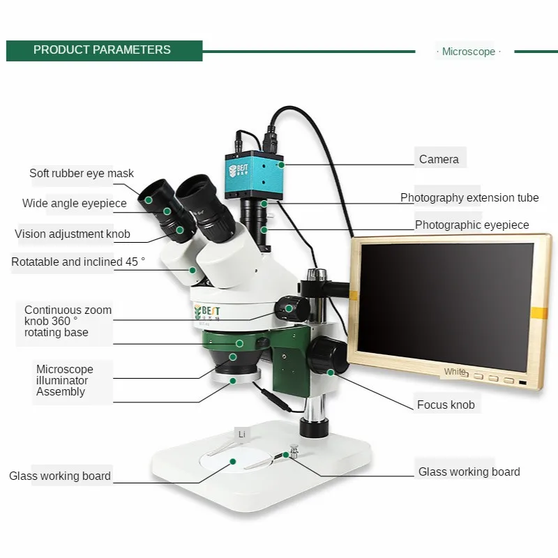 

7-45X Magnification Continuous Zoom Trinocular Stereo Microscope Power Tool Parts Electronic Laboratory