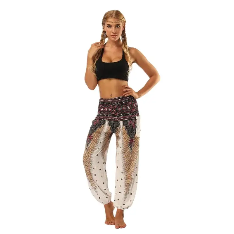 

Womens Easy Yo ga Harem Pants Palazzo Pants Drawstring Parachute Smocked Waist High Waisted Patiala Thai Sweatpants Soft