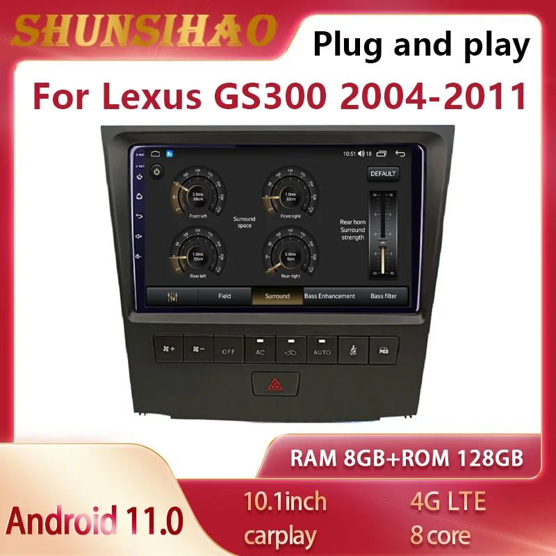 

ShunSihao Car Radio For 10.1 inch Lexus GS300 2004-2011 Android 11 CarPlay Multimedia stereo head unit Player GPS Navi 8G+128G