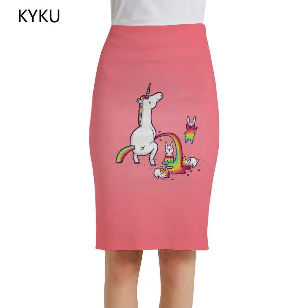 

Женская юбка-карандаш KYKU, элегантная Радужная Юбка До Колена с принтом единорога и животных, в Корейском стиле