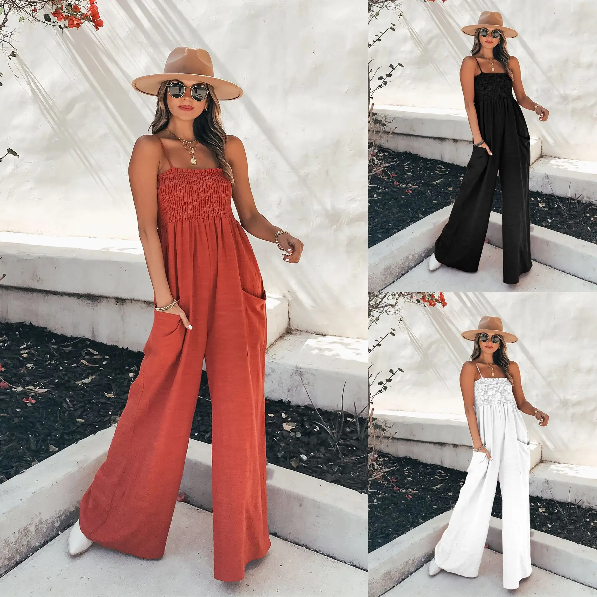 Summer Fashion Women Siamese Trousers Solid Color Spaghetti Strap Ruffled Loose Jumpsuit with Pockets for Girls 3 Colors S-XL
