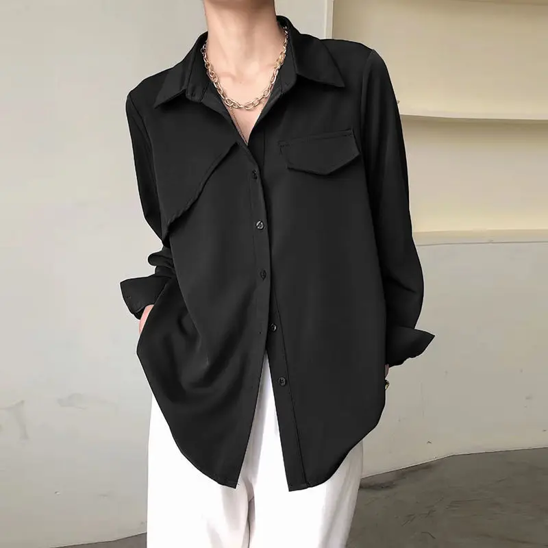 

Женская ацетатная рубашка с отложным воротником, черные и белые повседневные топы с оборками и карманами, уличная одежда, Женские топы и блу...