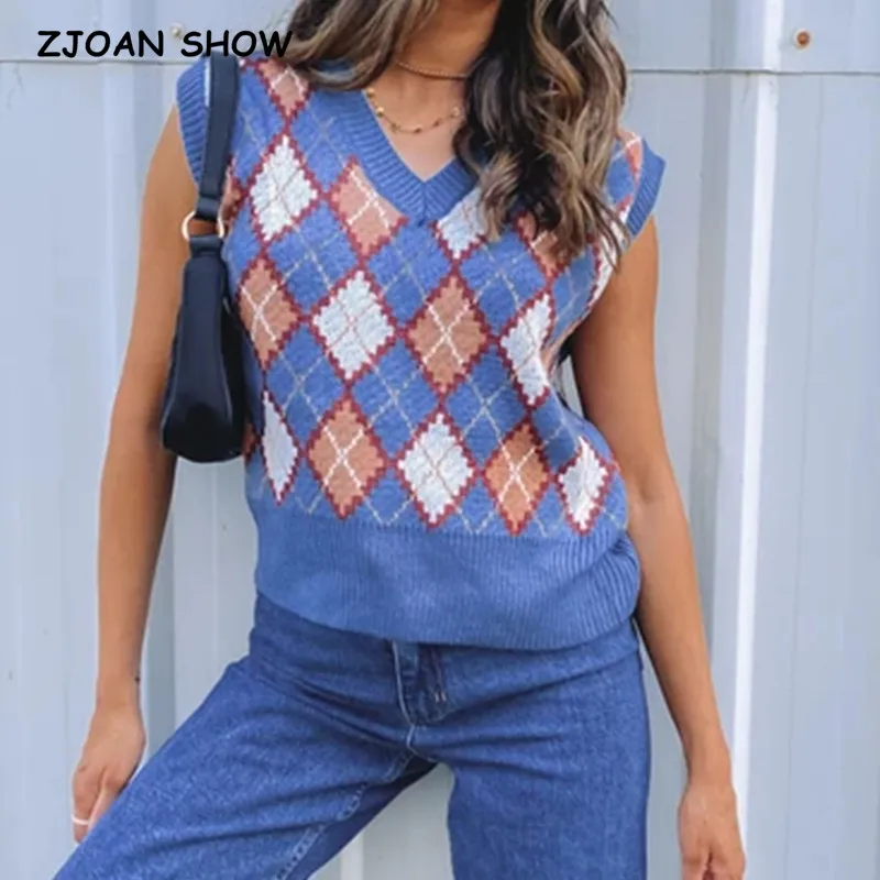 

2021 Preppy Style Jacquard Colored Plaid Knitted Sweater Vest Women 90's Vintage Korean Clothing V neck Check Tank Top Y2K