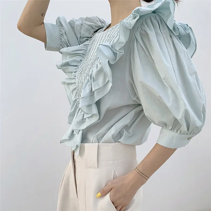 

Ruffles Sweet Short Sleeves Elegance 2021 Lady Chic High Street Gentle Femme Summer Loose Tops New Hot Fashion Blouses