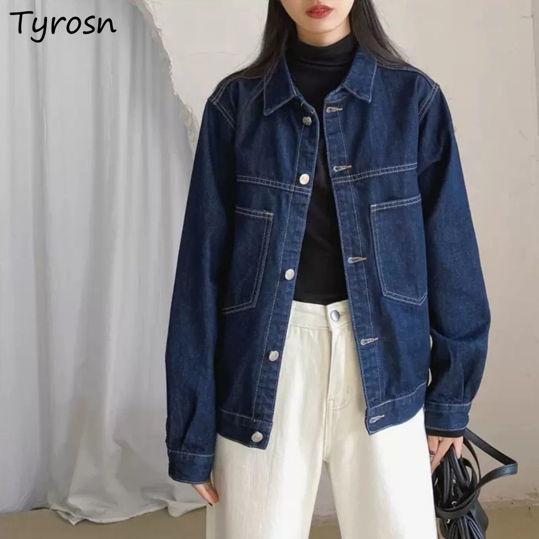 

Denim Jackets Women Solid Turn-down Collar Fashionable Loose Leisure Bf High Street Harajuku Japan Style Temperament Coats Retro