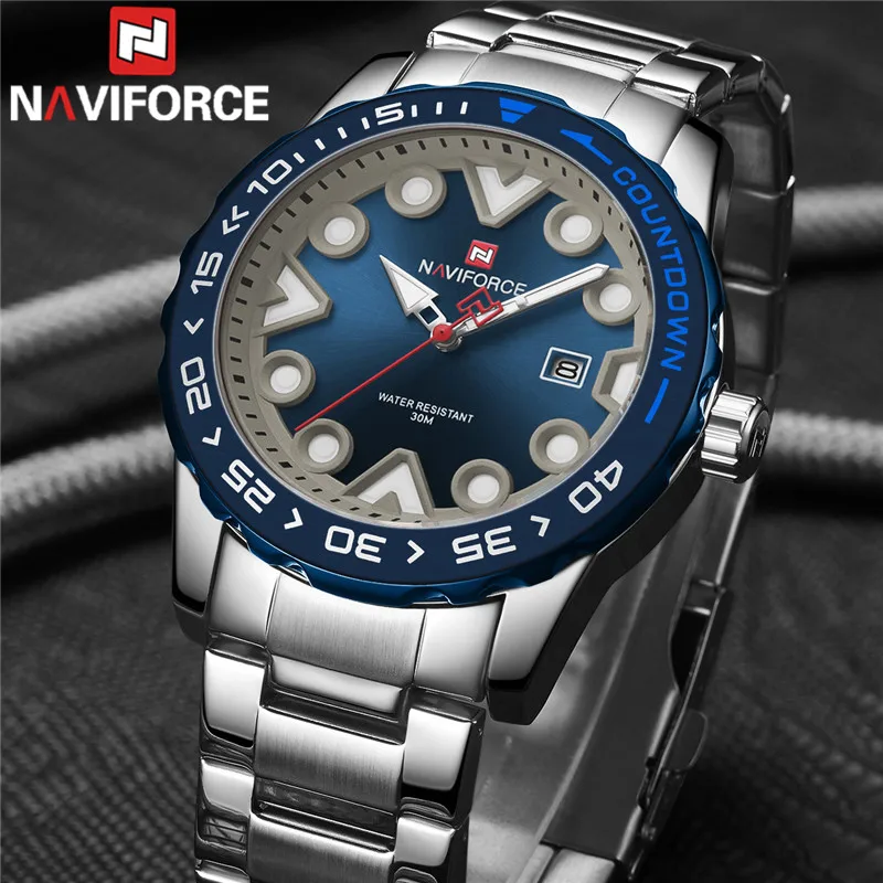 NAVIFORCE мужские наручные часы Топ бренд класса люкс серебристо синие