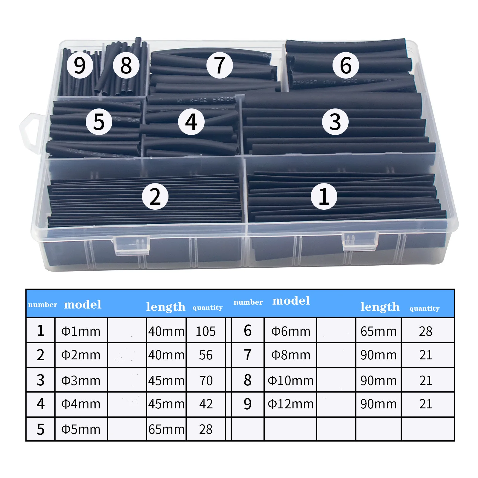 385 шт./компл. черные 9 размеров в ассортименте 2:1 огнестойкие термоусадочные