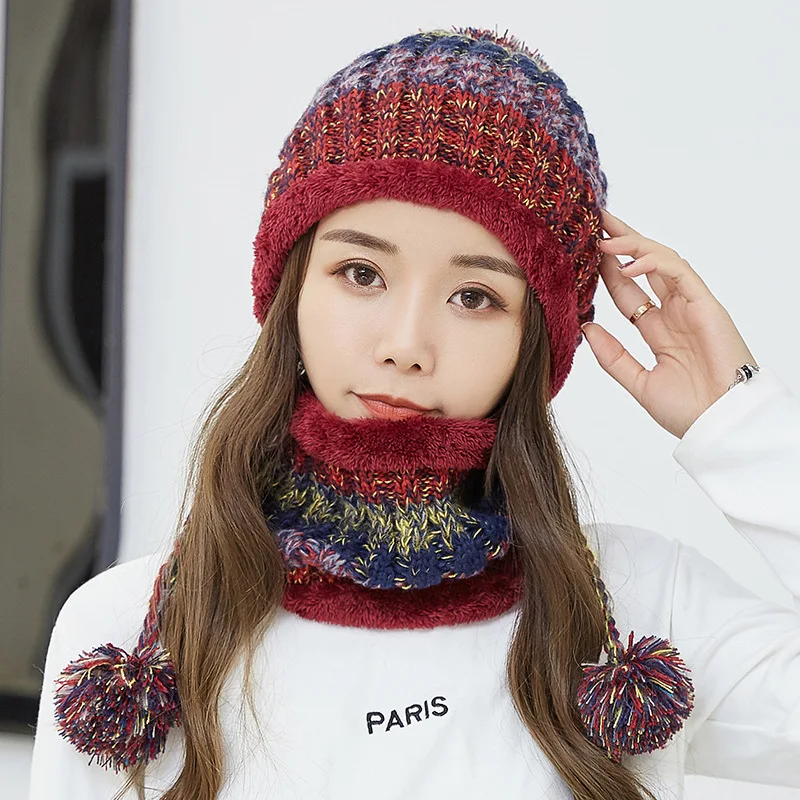WINE Fashion Winter Hat Scarf Set For Women Girl Warm Beanies Cap Lady Ring Scarf Pompoms Winter Hats Knitted Caps Scarf 2 Pieces - Цвет: WINE