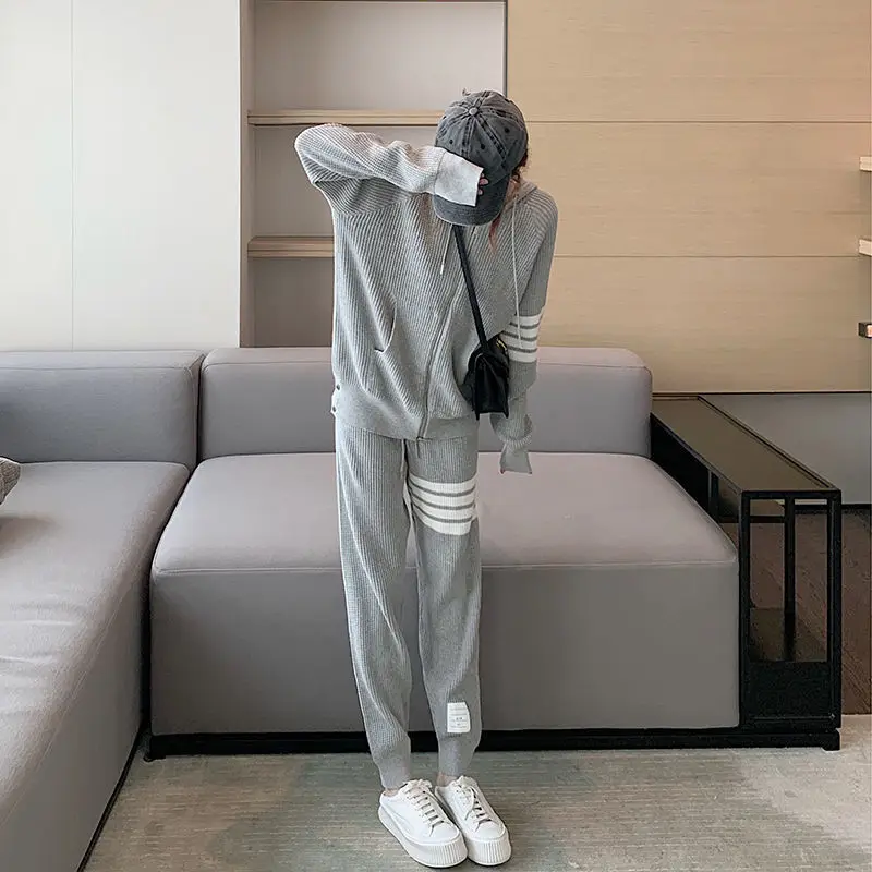 

2 Piece Knitted Set Sportswear Women Fashion Knitted Top And Bottom Tracksuits Trend Long Sleeve Hoodie Cardigan Loose Trousers
