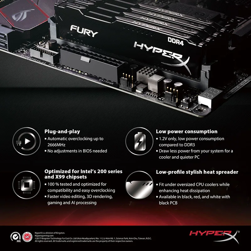 Оперативная память Kingston HyperX FURY для настольного компьютера DDR4 8 ГБ 16 2666 МГц 2400 3200 DIMM