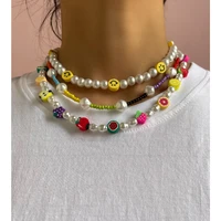 2021 new pearl smiley beaded necklace for women colorful fruit acrylic seed bead strand choker chain necklaces bohemian jewelry