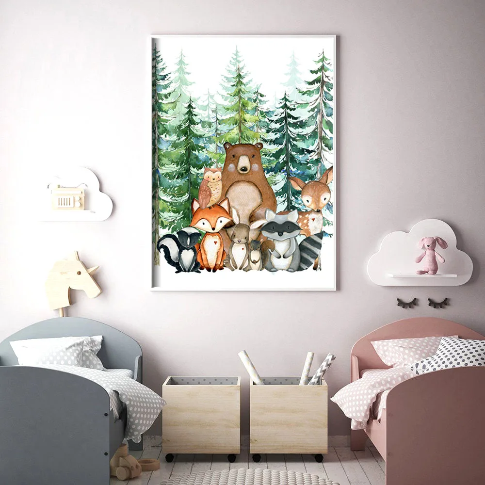 

Fox Deer Bear Nordic Baby Posters Woodland Animals Nursery Art Painting Tree Canvas Print Wall Picture For Kids Boy Room Decor