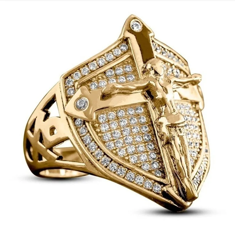 

FDLK Luxury Gold Color Christian Savior Jesus Cross Zircon Men Ring Motorcycle Party Hip Hop Shield Anniversary Jewelry