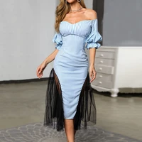 stripes print cocktail party dress women sexy tassels lace patchwork bodycon midi robe femme off shoulder 2020 summer sundress