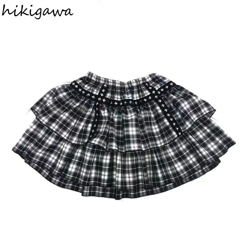 

Hikigawa 2021 Gothic Plaid Skirts Women High Waist Rivet Falda Japanese Hip-hop Mini Skirt Fashion Harajuku Punk Mujer Faldas
