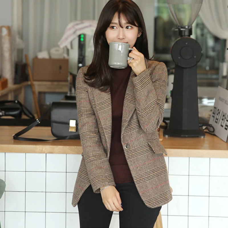 Женский прямой клетчатый костюм Повседневный шерстяной пиджак в стиле ретро