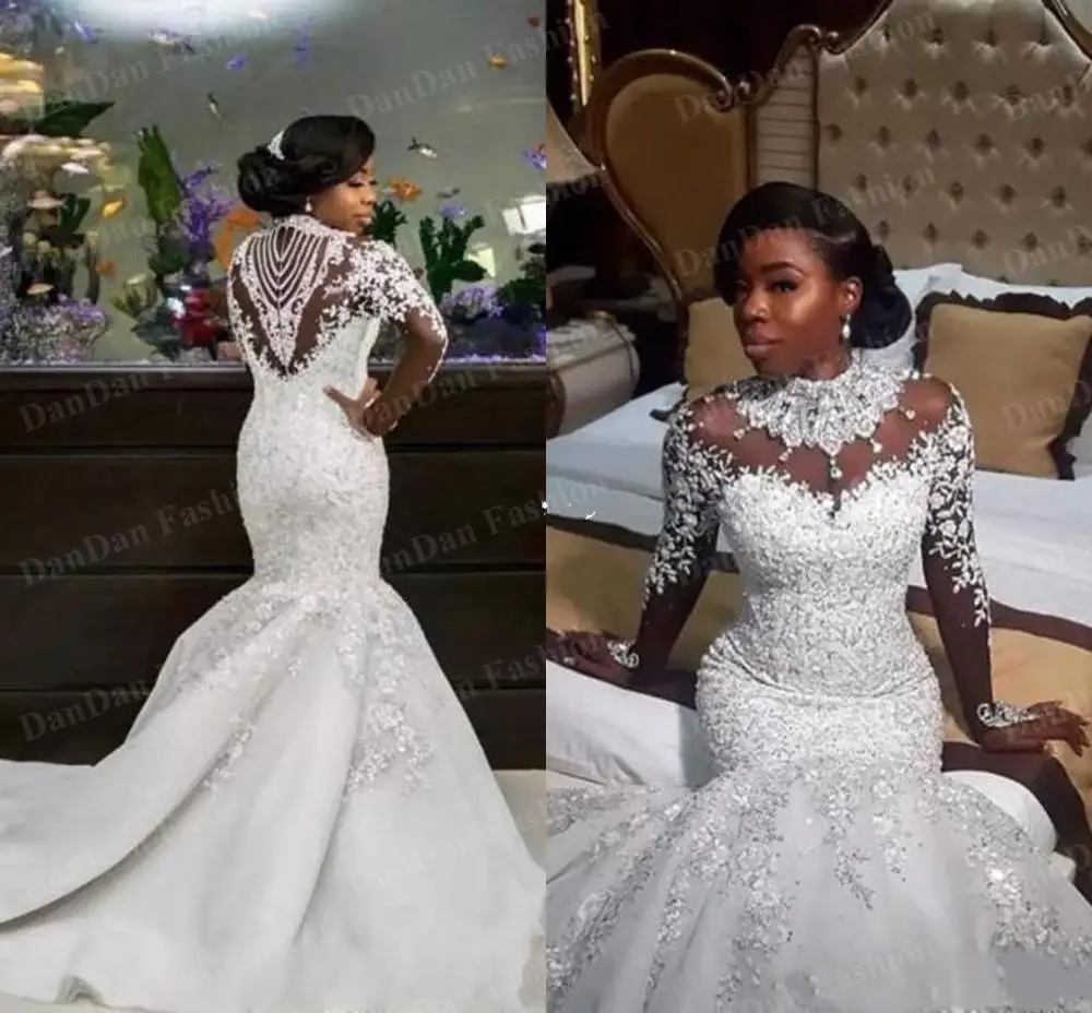 

2021 Luxury Mermaid Wedding Dresses Sheer Long Sleeve High Neck Crystal Beads Chapel Train African Arabic Bridal Gowns Plus Size