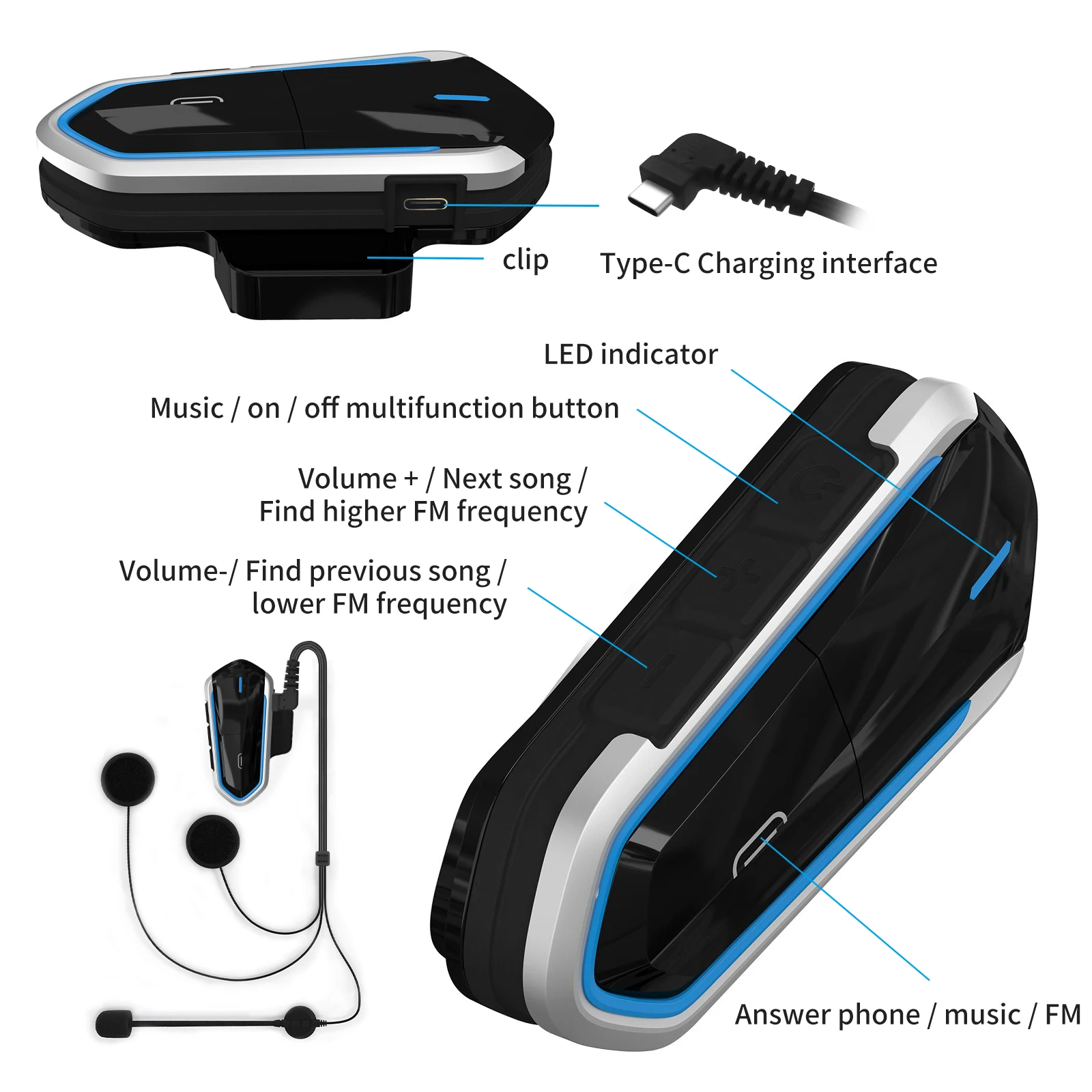 Bluetooth-гарнитура для мотоциклетного шлема 5.0 беспроводные наушники FM-радио с