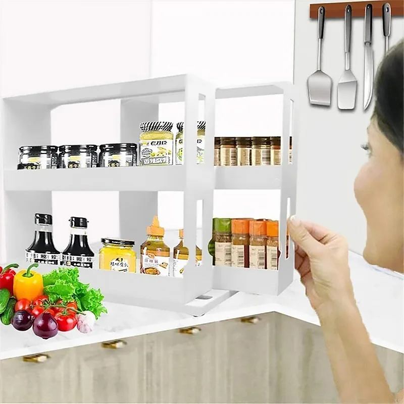 

2 Layer Storage Kitchen Rotating Organize Spices Jar Bottle Storage Rack Kitchen Bottle Storage Organizer Shelves Slide Cabinet