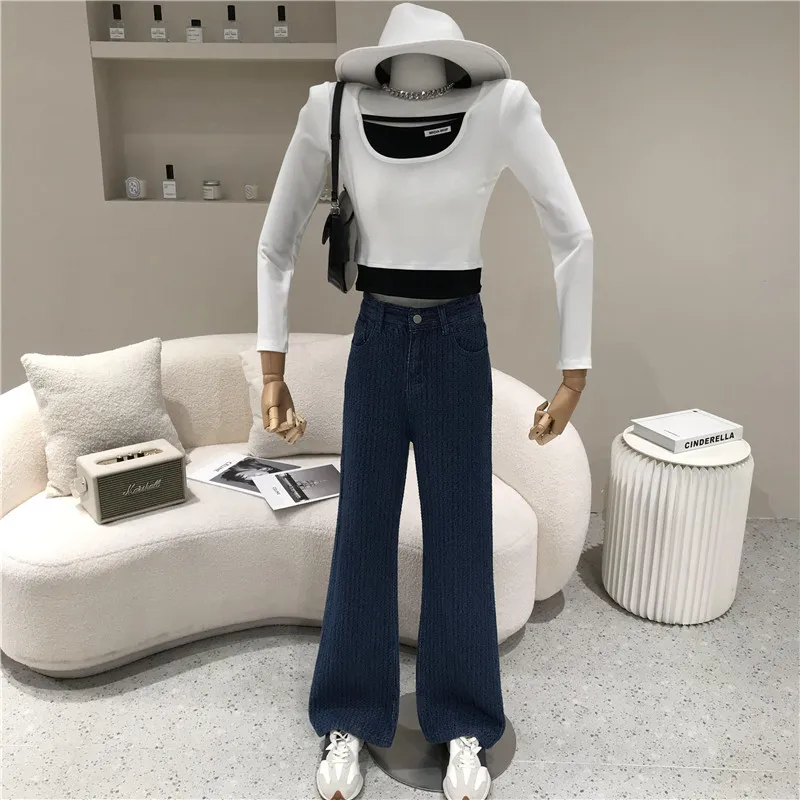 

Women Spring 2021 Niche Design Straight Tube Loose Stripe Slim Casual Floor Dragging Pants High Waist Wide Leg Dark Blue Jeans