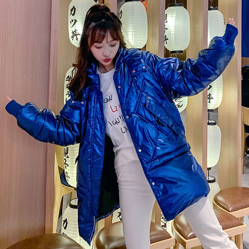 Синее пальто оверсайз женские зимние куртки теплая парка с капюшоном модная