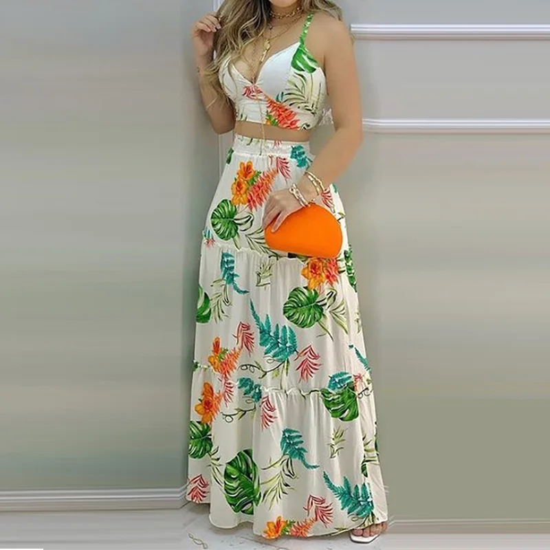 

Summer Women 2 Peice Set Dress Set Colorful Printed Skirt Set Suspender Top & Long Skirt Beach Holiday Style V-Neck Lace Up