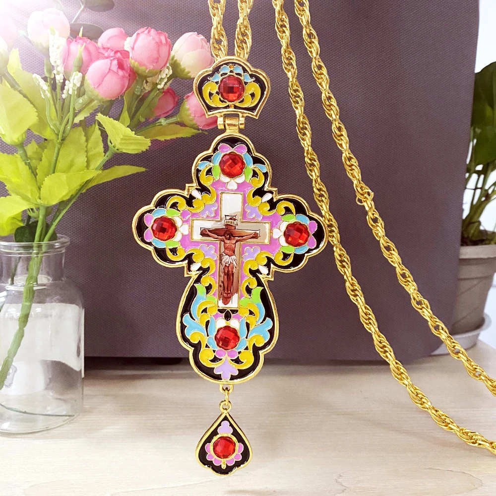 Ожерелье с подвеской в виде нагрудного Креста красные кристаллы красочное масло