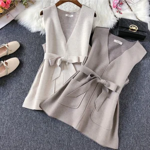 Шерстяной жилет, пальто, Осень-зима, женский жилет без рукавов, пояс на талии, женский жилет, куртка, пальто