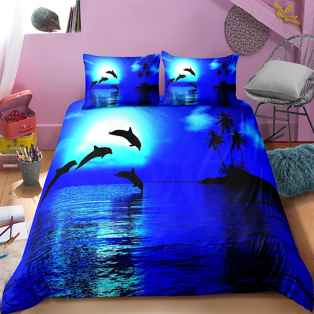 

3D Cute Dolphin Bedding Sets Ocean Animals Duvet Cover Set Comforter Bed Microfiber Pillowcase Soft Comfortable Quilt Cover