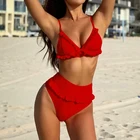 Сексуальный красный бюстгальтер с V-образным вырезом и рюшами, шорты с высокой талией, бикини, купальник из двух частей, Бразильские Купальники с пуш-апом, пляжная одежда