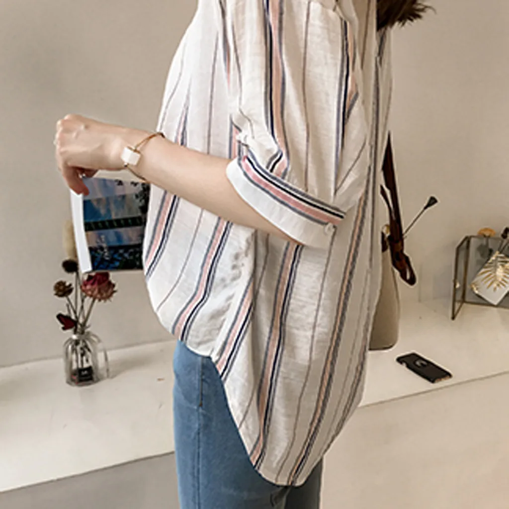 Женская Повседневная рубашка из хлопка и льна с v образным вырезом в полоску