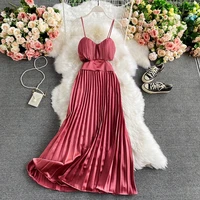 dresses for women 2022 sexy backless summer spaghetti strap dress pleated long dress elegant hollow out party dresses