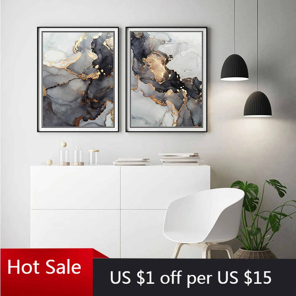 Большой черный и золотой мраморный Настенный декор серый абстрактный холст